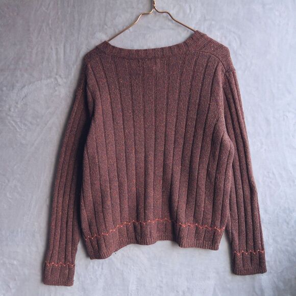 WOOLRICH Marled Chocolate Brown Sweater Size L Boxy Wool Blend Embroidered Rib - Picture 5 of 11